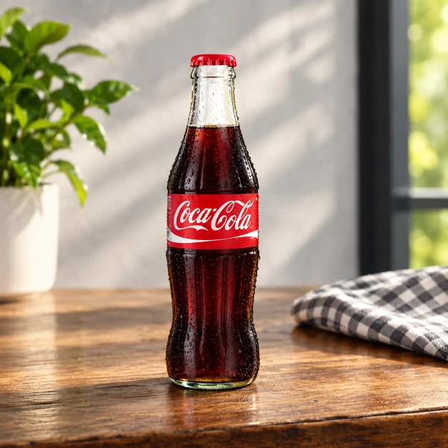 Chilled premium cola bottle with condensation on marble surface.