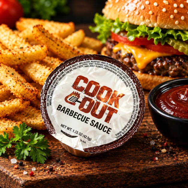 Cook Out barbecue sauce served with burger and fries