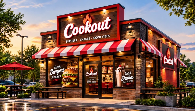 Cookout restaurant exterior with drive-thru lanes