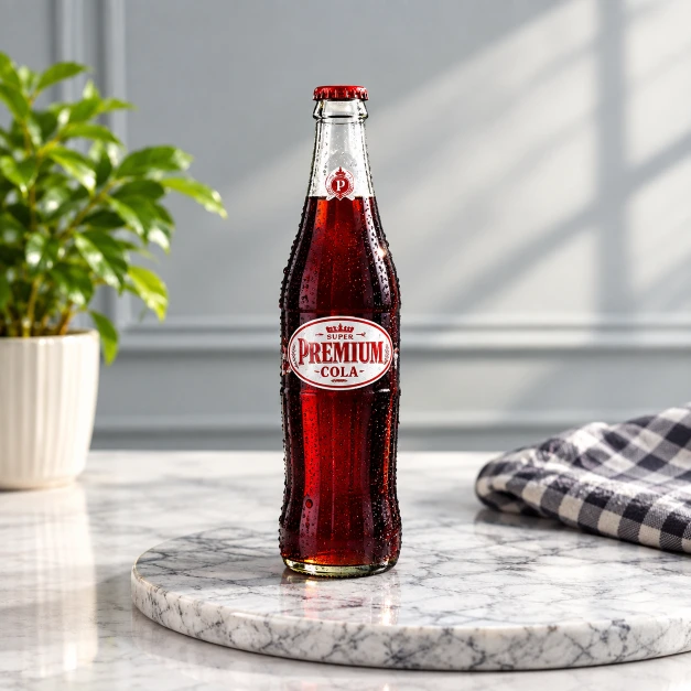 Chilled Coca-Cola glass bottle standing on a wooden table.