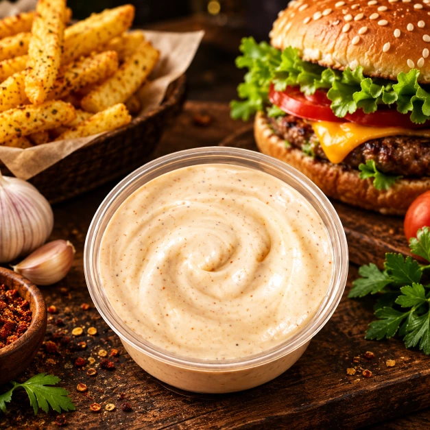 Cook Out creamy sauce with burger and fries