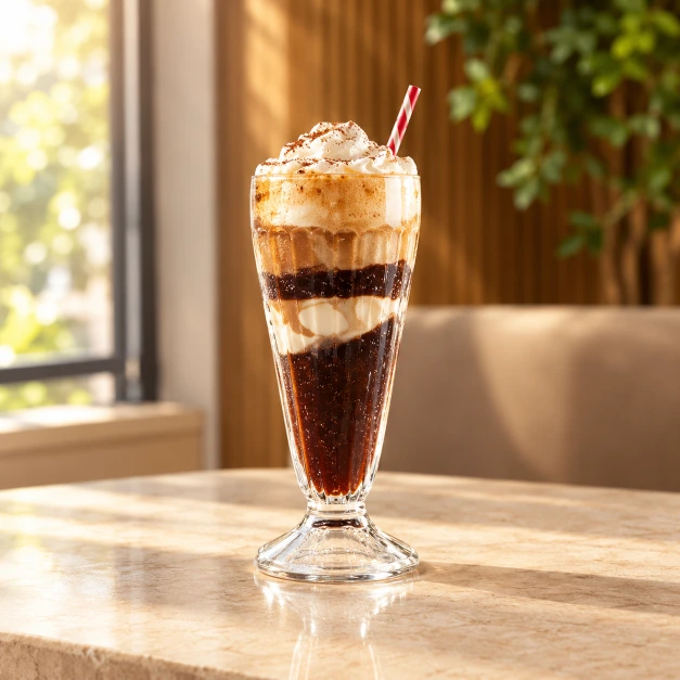 Rootbeer Float
with whipped cream in a tall glass.