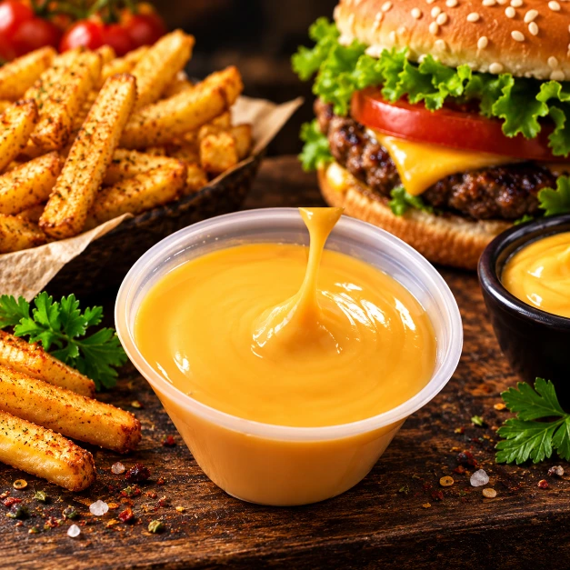 Cookout cheese sauce with fries and burger