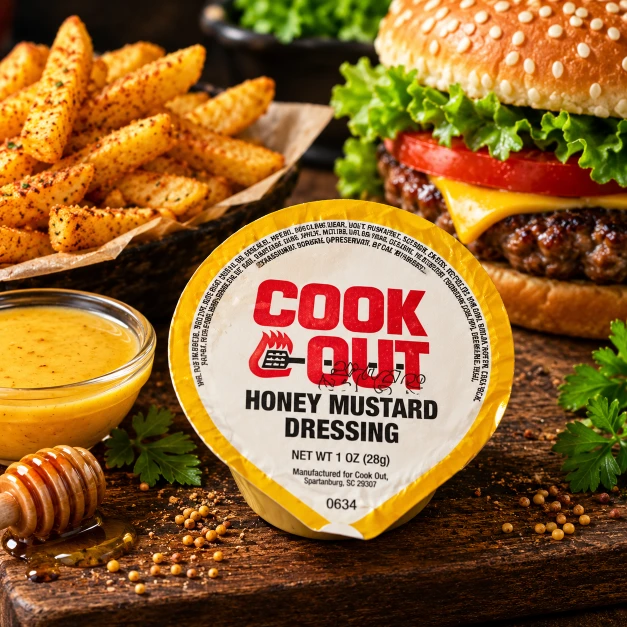 Cookout honey mustard dressing with fries and burger